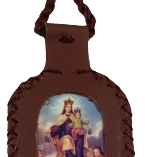 Escapulario Religioso Virgen Del Carmen Artesania Cuero Cafe