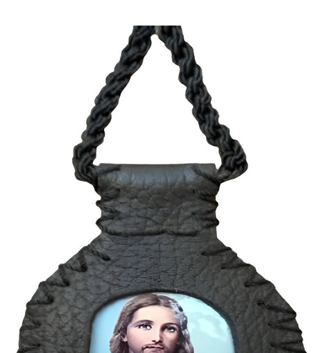Escapulario Artesanal Sagrado Corazon En Piel Negra