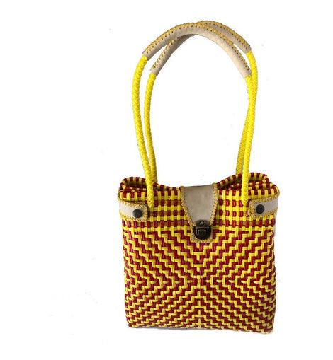 Bolso Artesanal Tejidos  Plástico Toquilla Amarillo Rojo Art