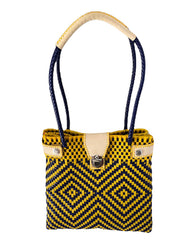 Bolso Mujer Artesanal Tejido A Mano Amarillo Con Azul