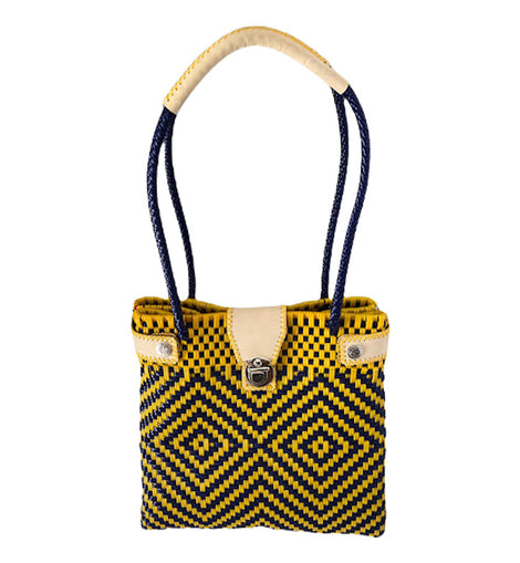 Bolso Mujer Artesanal Tejido A Mano Amarillo Con Azul
