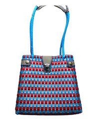 Bolso Artesanal De Plástico Toquilla Azul Rojo Entretejida