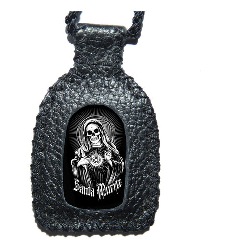 Escapulario De Piel Hecho A Mano Con Santa Muerte Blanca