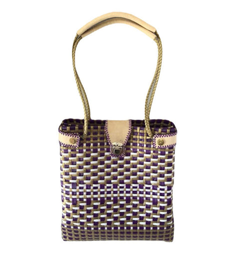 Bolsa Artesanal De Toquilla Tejida  A Mano Asa Con Piel