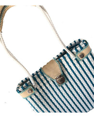 Bolsa Artesanal De Toquilla Tote Tejida A Mano Azul Blanco