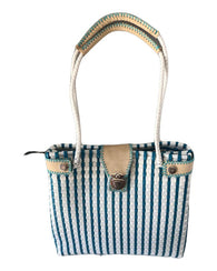 Bolsa Artesanal De Toquilla Tote Tejida A Mano Azul Blanco