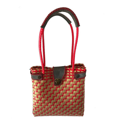 Bolso Artesanal Tejido A Mano Para Dama Rojo Con Dorado